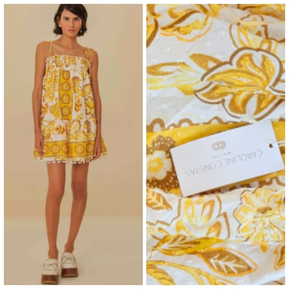 Nwt Caroline Constas Yellow Linen Foil Leaf Yellow & White Dress M